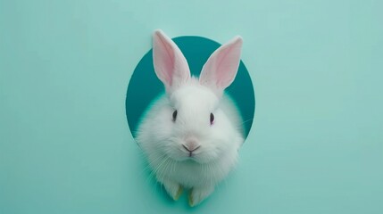 Obraz premium white rabbit peeking through a blue circular hole, creating a playful and minimalist scene, ideal for pet, Easter, or children's content
