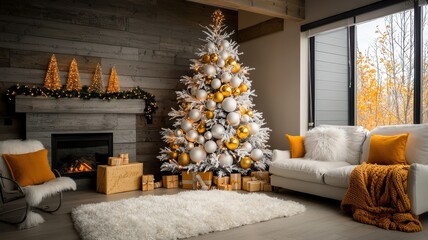 Beautifully decorated Christmas tree in a cozy living room with festive elements.