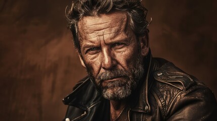 Ruggedly Handsome Middle-Aged Man in Leather Jacket with Dramatic Lighting Against Dark Brown Background