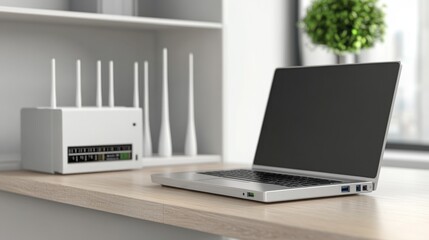 Fototapeta premium Modern Workspace with Laptop and Router Setup