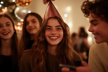 A joyful group of friends celebrate, wearing party hats and surrounded by warm, glowing lights, capturing a moment of happiness and togetherness.