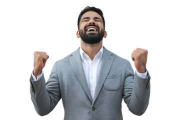 man in a grey suit celebrates his success with a joyous expression and raised fists on transparent background