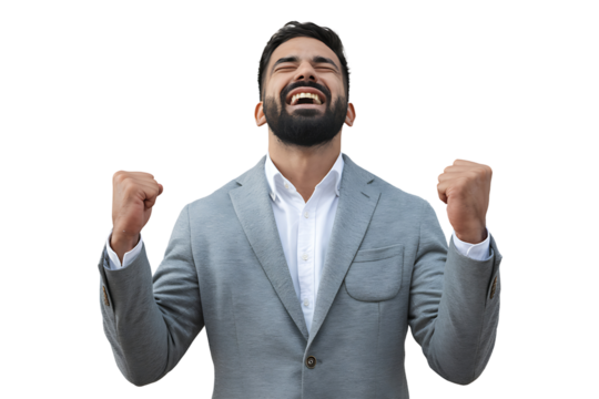 man in a grey suit celebrates his success with a joyous expression and raised fists on transparent background