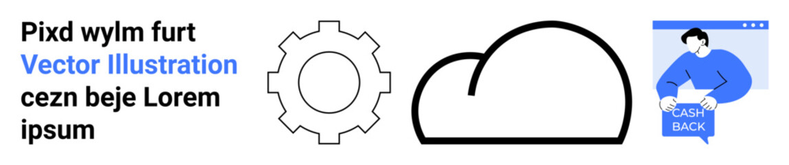 Gear and cloud icons, person with cashback coupon in browser window. Ideal for technology, web services, cloud solutions, software development, e-commerce, digital marketing, financial services