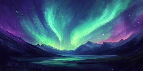 Vivid northern lights in shades of green and purple, dancing across a dark sky