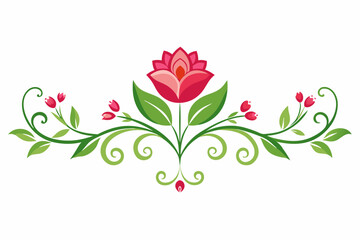 Elegant Floral Divider with Pink Flower and Green Leaves for Decorative Designs. Abstract Background.