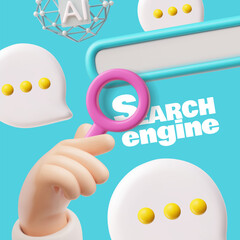 A 3D of search engine with a magnifying glass in hand above a pop-up message.