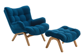 dark blue armchair with a matching ottoman on transparent background