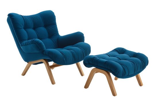 dark blue armchair with a matching ottoman on transparent background