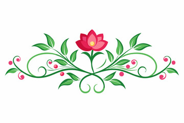 Elegant Floral Divider with Pink Flower and Green Leaves for Decorative Designs. Abstract Background.