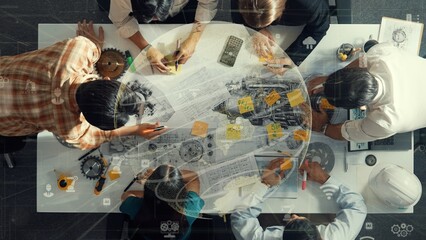 Top view of professional civil architect engineer team write sticky notes and sticking note at house model while interior designer talking and discussing about financial statistic chart. Alimentation.