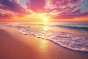 Fototapeta premium Golden Sunset Over Ocean Beach Waves