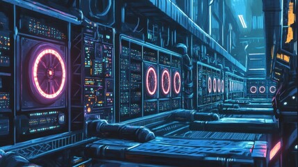 Obraz premium Neon-lit futuristic tech corridor with glowing panels.