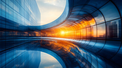 Curved Glass Building with Sunset Reflection - 3d Illustration
