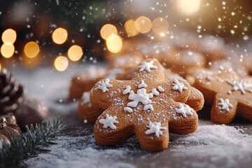 Christmas Gingerbread Cookies with Snowfall and Lights