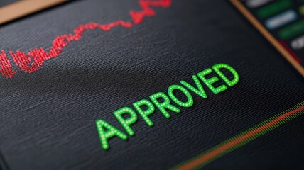 Close-up of a digital screen displaying the word 'APPROVED' in green.