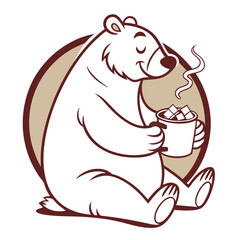 mascots logo of  a cozy bear sipping hot cocoa top.