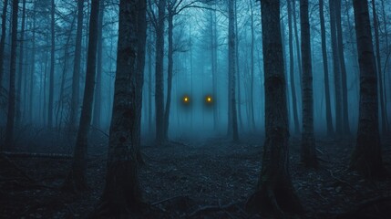 Fototapeta premium Two glowing eyes peer through the dense fog of a dark, mysterious forest.