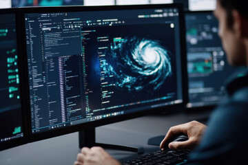 Meteorologist monitoring weather forecast at monitor screen. Man monitors formation of dangerous heavy rains, storms, approaching catastrophic hurricane in meteorological office workplace
