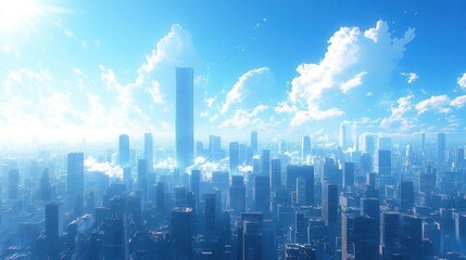 Fototapeta premium modern office scene featuring sleek skyscrapers in a bustling commercial district bright blue sky above embodying a clean and hightech corporate environment