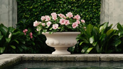 A serene garden scene featuring a stone planter with pink flowers, surrounded by lush greenery and reflecting water.