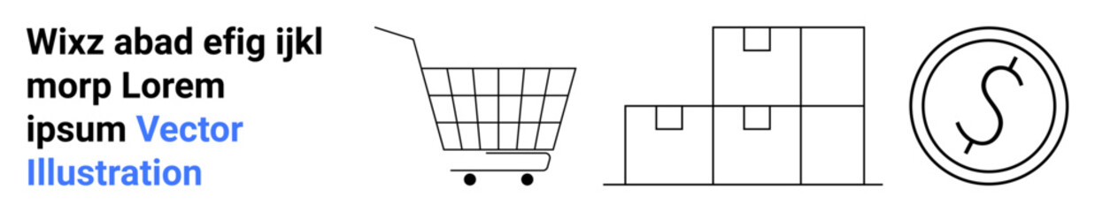 Shopping cart, stacked boxes, and dollar symbol. Ideal for e-commerce, retail, inventory management, online shopping, sales promotions, logistics, supply chain. Banner for landing page