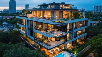 Obraz premium A modern, luxurious, multi-story building with balconies, a rooftop terrace, and a swimming pool. The building is set against a backdrop of a city skyline and trees.