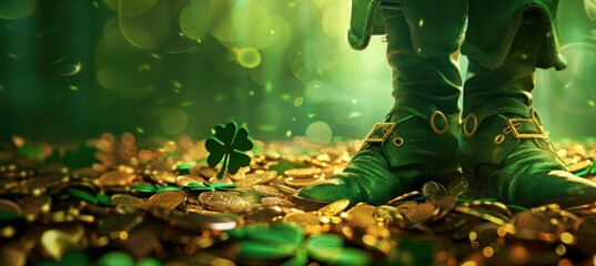St. Patrick's Day Banner with Leprechaun Shoes and Gold Coins Design for Print and Posters