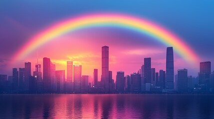 Naklejka premium Rainbow Arching Over City Skyline at Dusk