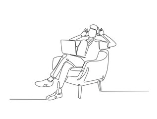 Continuous one line drawing of man siitting in cozy armchair working on laptop. Man is working in chair with a notebook single line art vector illustration. Editable vector.