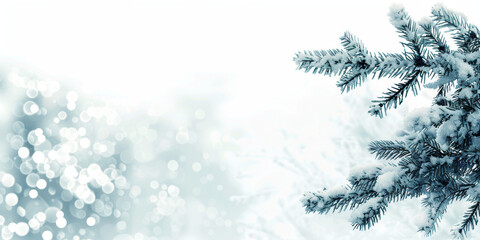 Obraz premium Snow-covered pine branch against a soft, white background.