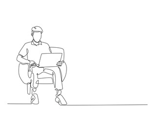 Continuous one line drawing of man siitting in cozy armchair working on laptop. Man is working in chair with a notebook single line art vector illustration. Editable vector.