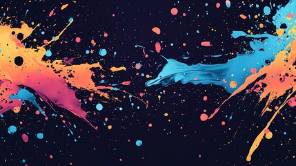 Colorful paint splashes on dark background, dynamic and vibrant.