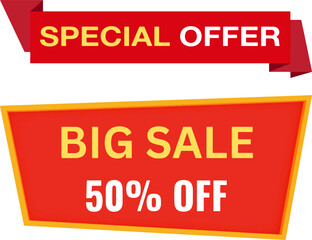 Special offer of 50% off, big sale red banner, tag and label design. Advertising banner.