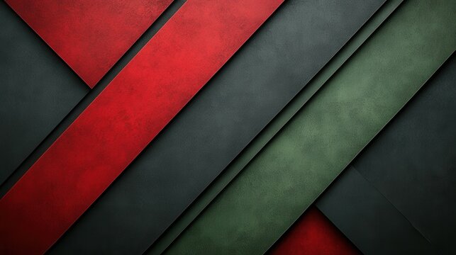 The layout showcases a modern abstract design with diagonal layers in rich red, green, and dark tones. The interplay of colors and textures creates a visually striking composition that captures attent