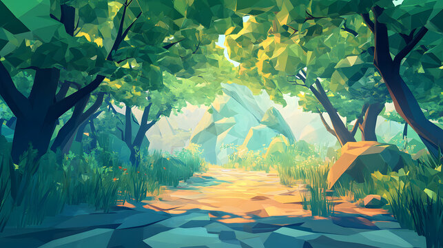 low poly landscape, 3d illustration of the forest in geometric polygonal shapes
