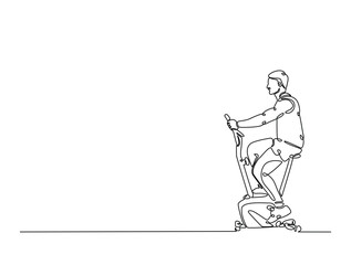 Continuous one line drawing of man riding stationary bike. Cardio exercise using gym equipment single line draw vector illustration. Editable vector.