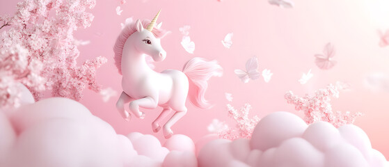 Magical Pink Unicorn Flying Through Clouds and Flowers
