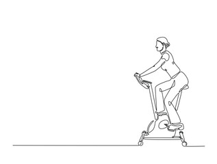 Continuous one line drawing of woman riding stationary bike. Cardio exercise using gym equipment single line draw vector illustration. Editable vector.