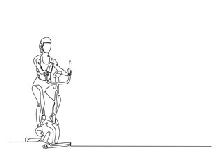 Continuous one line drawing of woman riding stationary bike. Cardio exercise using gym equipment single line draw vector illustration. Editable vector.