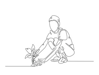 Continuous one line drawing of man planting plant on the ground. Gardening single line draw vector illustration. Editable vector.