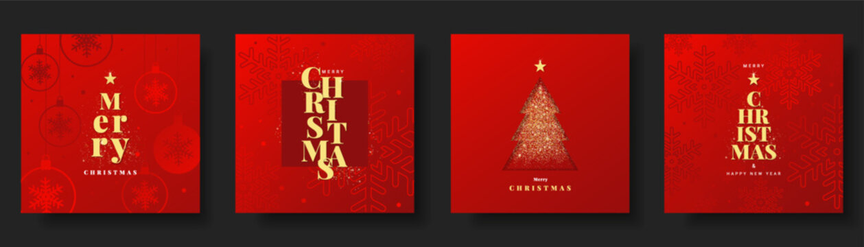 Merry Christmas and Happy New Year greeting card or banner. Set of Luxury Xmas design with gold typography, balls, snowflakes, Christmas tree and gliter on red background