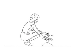 Continuous one line drawing of woman planting plant on the ground. Gardening single line draw vector illustration. Editable vector.