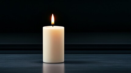 Candlelight Reflection: A single, softly glowing pillar candle casts a warm, inviting glow against a dark background, creating a serene and contemplative atmosphere.