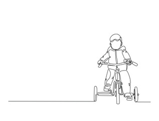 Continuous one line drawing of a boy riding tricycle. Toddler riding bike in single line draw vector illustration. Editable vector.