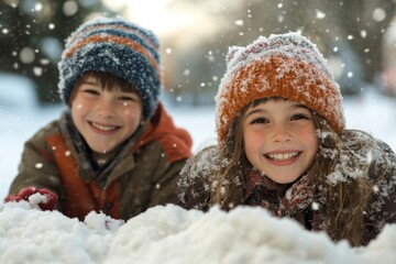 Happy Children Playing in the Snow on a Winter Day