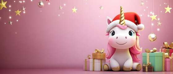 Naklejka premium Cute Unicorn Wearing Santa Hat with Christmas Gifts on Pink Background, Cute Unicorn Wearing Santa Hat with Christmas Gifts on Pink Back