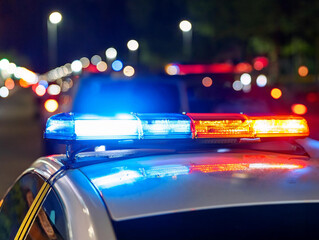 Top of a police car with lights flashing at night and defocused background 