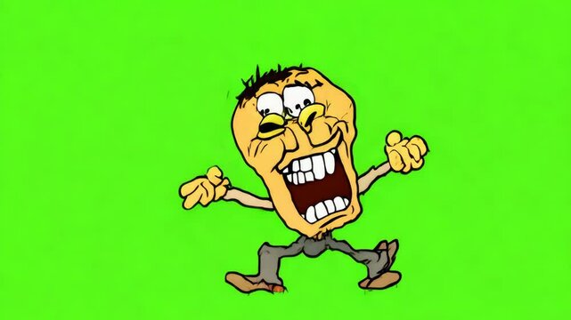 A cartoon zombie character with a wide open mouth and comically large teeth, standing against a green background. This character is designed for funny and playful Halloween-themed videos for children.