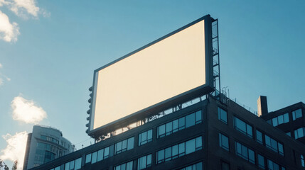 large blank billboard stands prominently on side of city building under clear blue sky, showcasing its potential for advertising